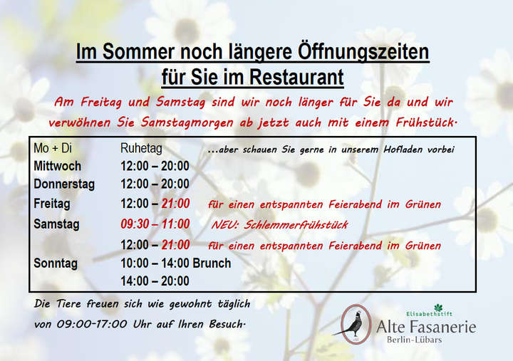 Sommer im Restaurant, erweiterte Öffnungszeiten | Alte Fasanerie Sommer im Restaurant, erweiterte Öffnungszeiten () | Alte Fasanerie